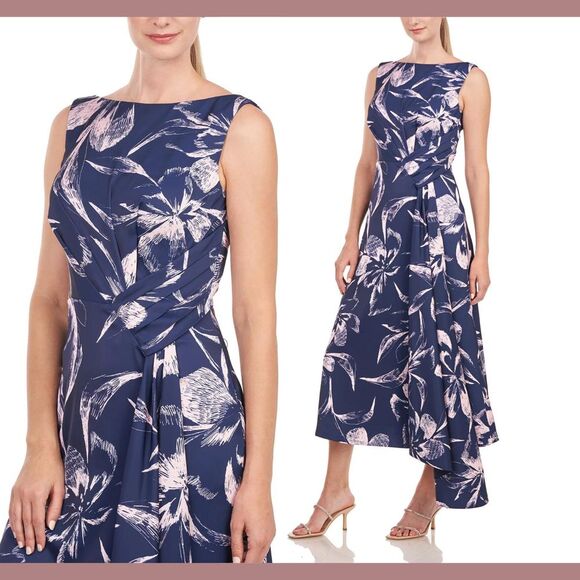 NWT $318 Kay Unger‎  [ 4 ] Emmaline Draped Floral Midi Dress Deep Navy Pink - Picture 2 of 15